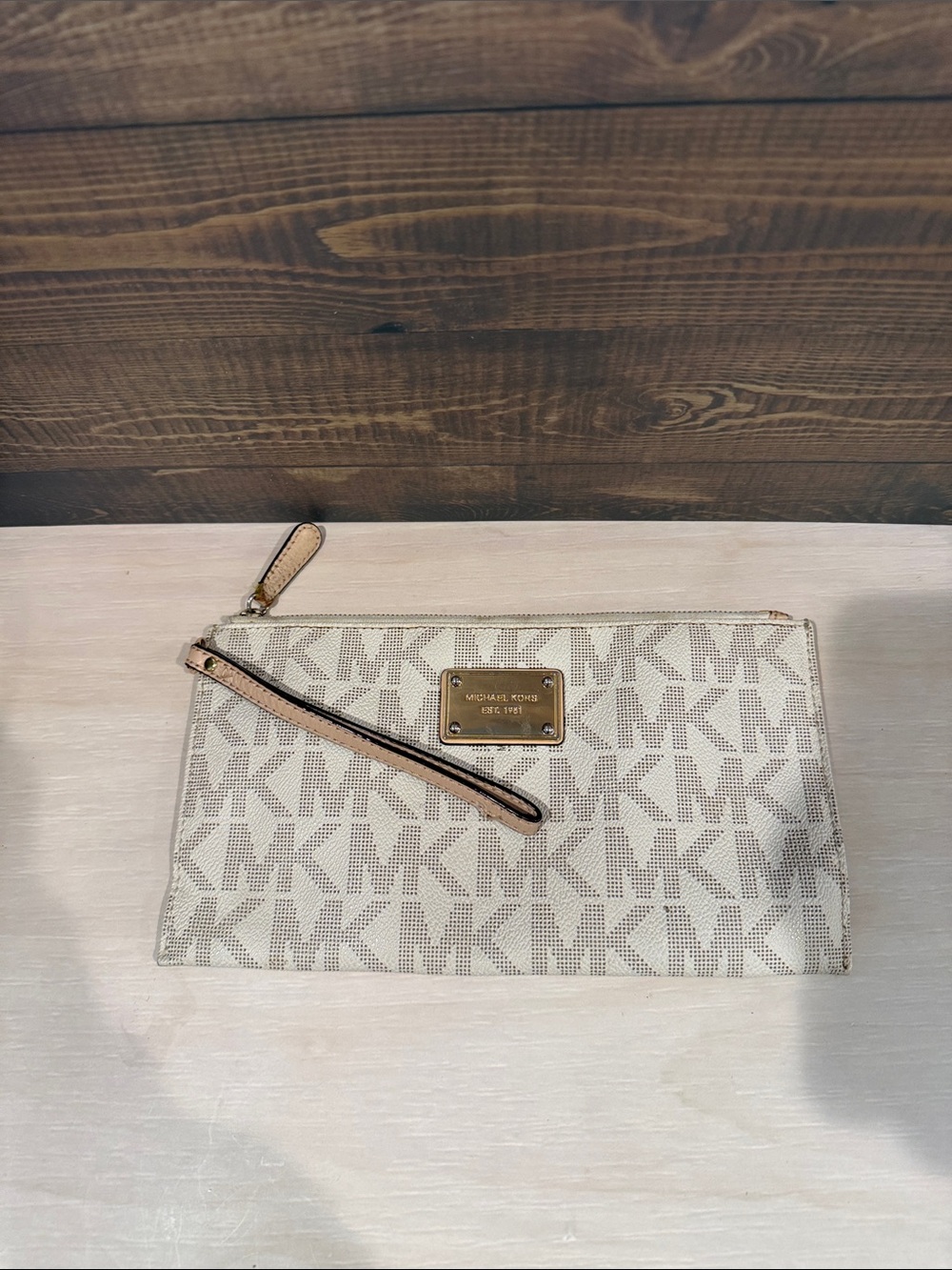 Michael Kors Cream Logo Wristlet Clutch with Gold Plate
